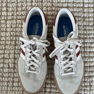 adidas Men’s Off-White Suede Sneakers with Maroon Stripes